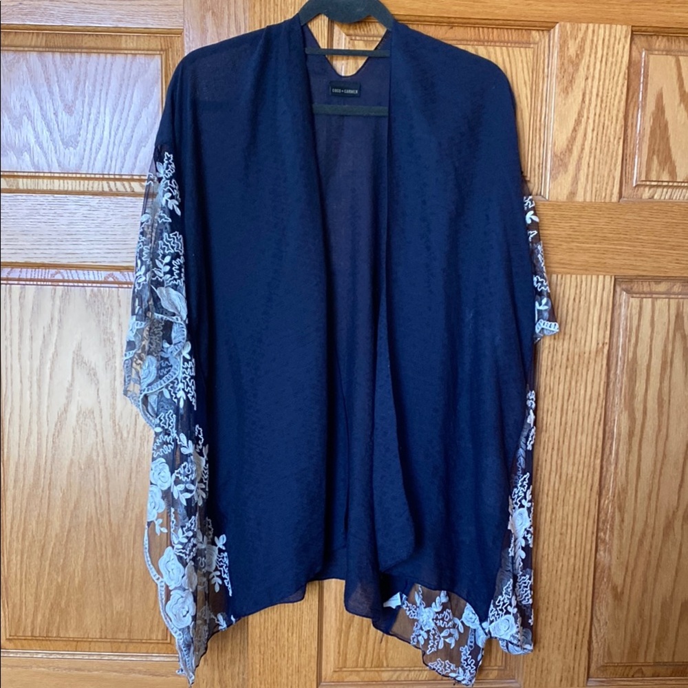 Navy Blue Kimono with Floral Lace Trim